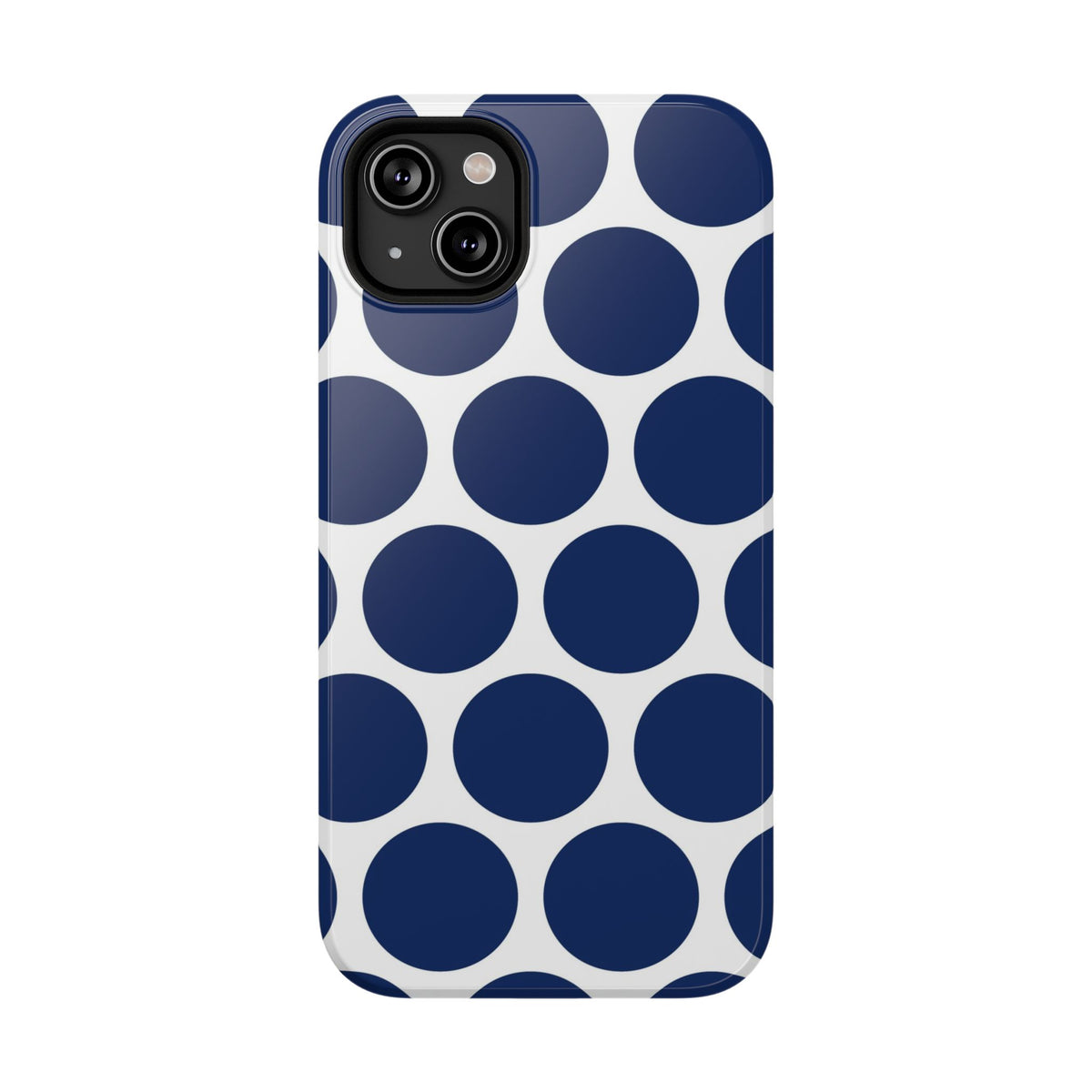 Navy Polka Dot protective phone case for iPhone 14 Plus, glossy finish