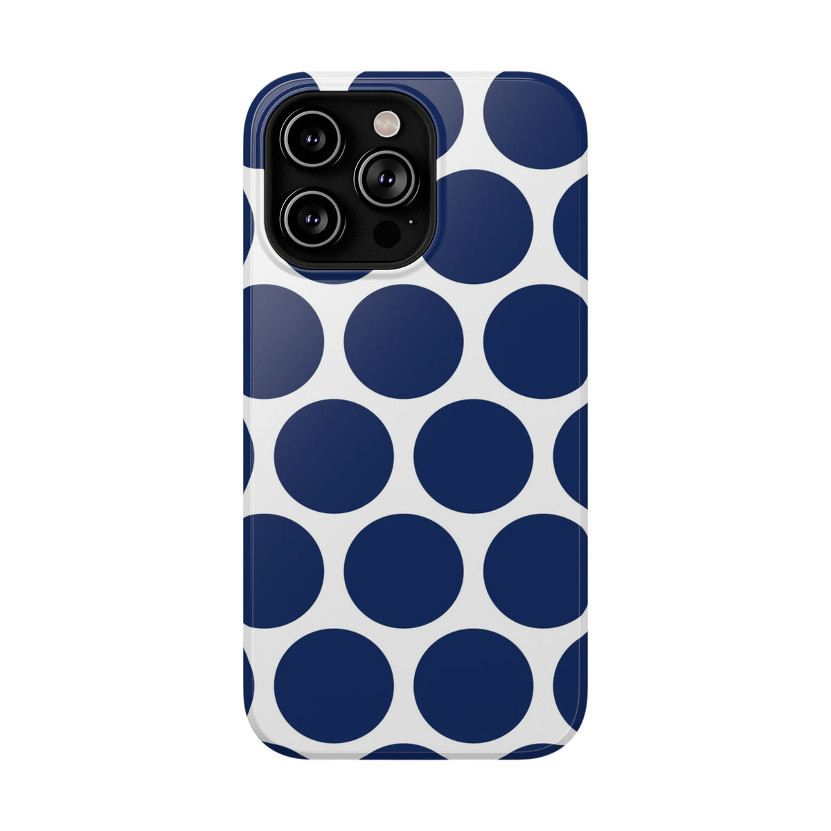 Navy Polka Dot protective phone case for iPhone 14 Pro Max, glossy finish