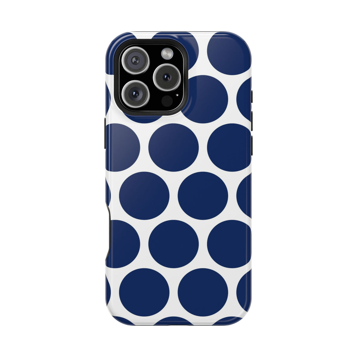 Navy Polka Dot protective phone case for iPhone 16 Pro Max, glossy finish