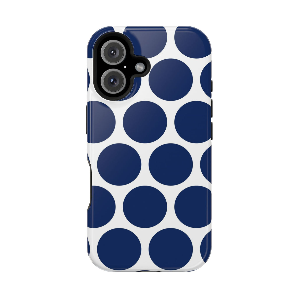 Navy Polka Dot protective phone case for iPhone 16, glossy finish