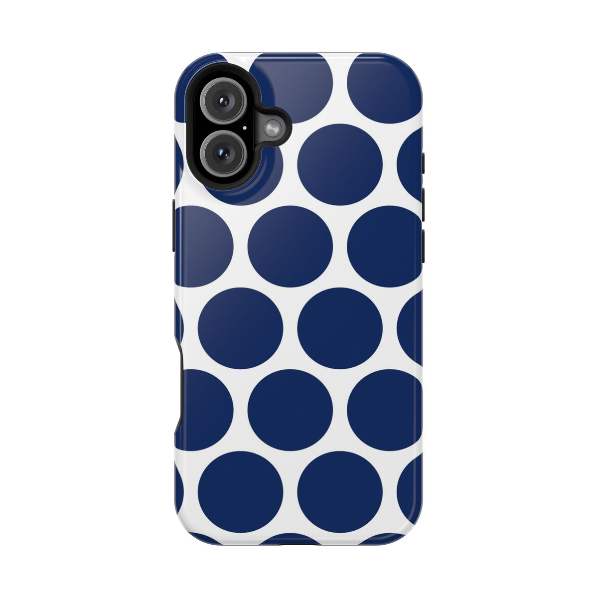 Navy Polka Dot protective phone case for iPhone 16 Plus, glossy finish