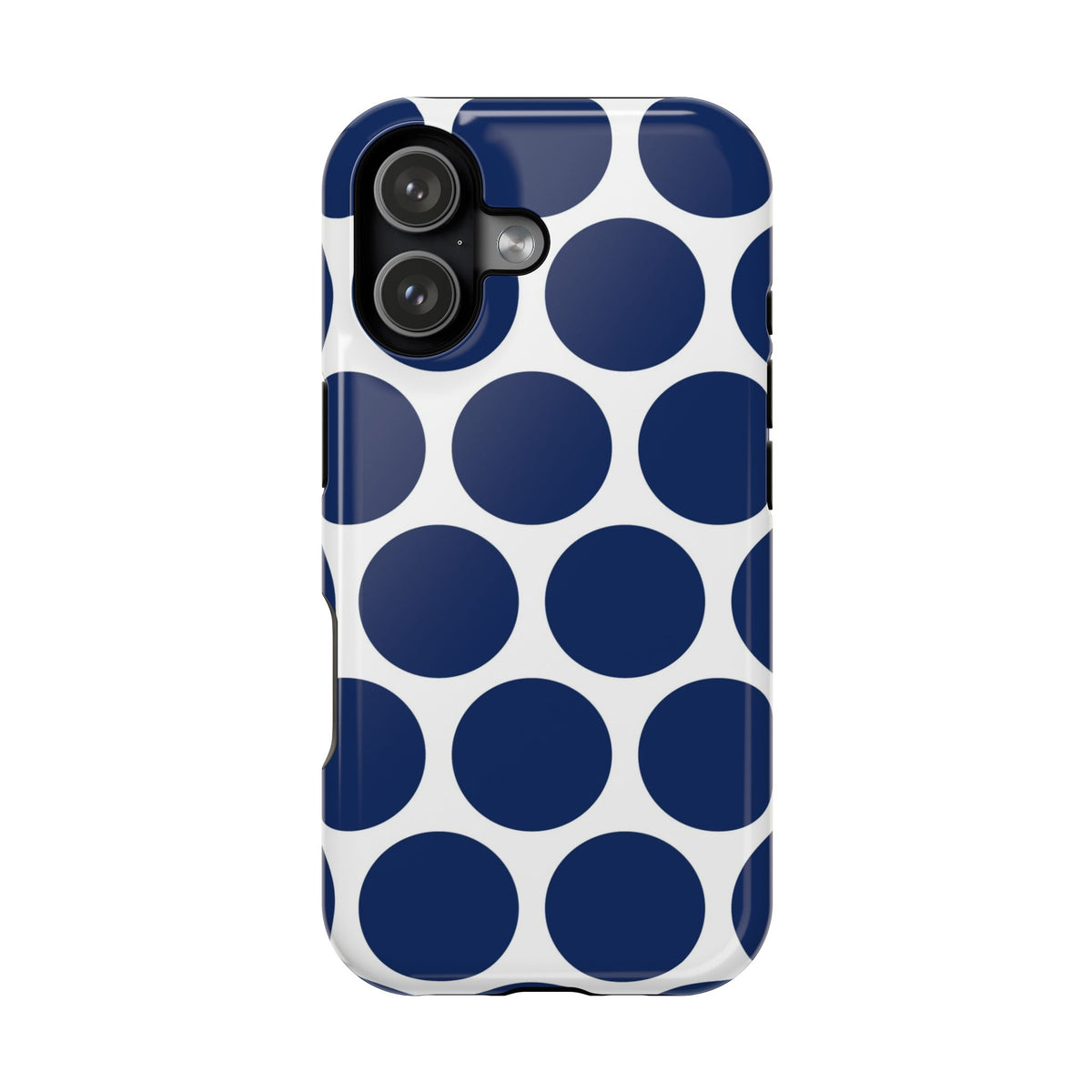 Navy Polka Dot protective phone case for iPhone 17, glossy finish