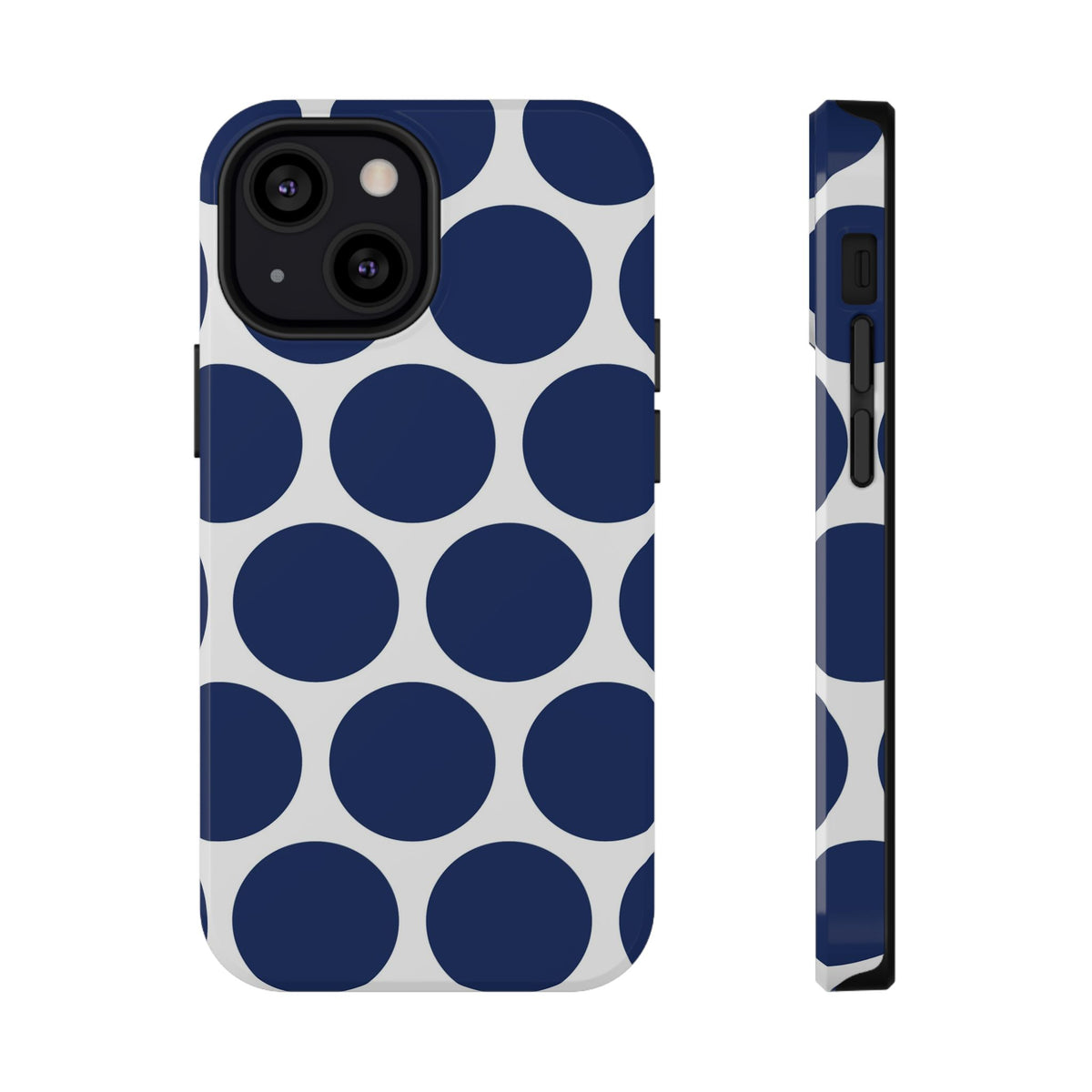 Navy Polka Dot protective phone case for iPhone 13 Mini, glossy finish