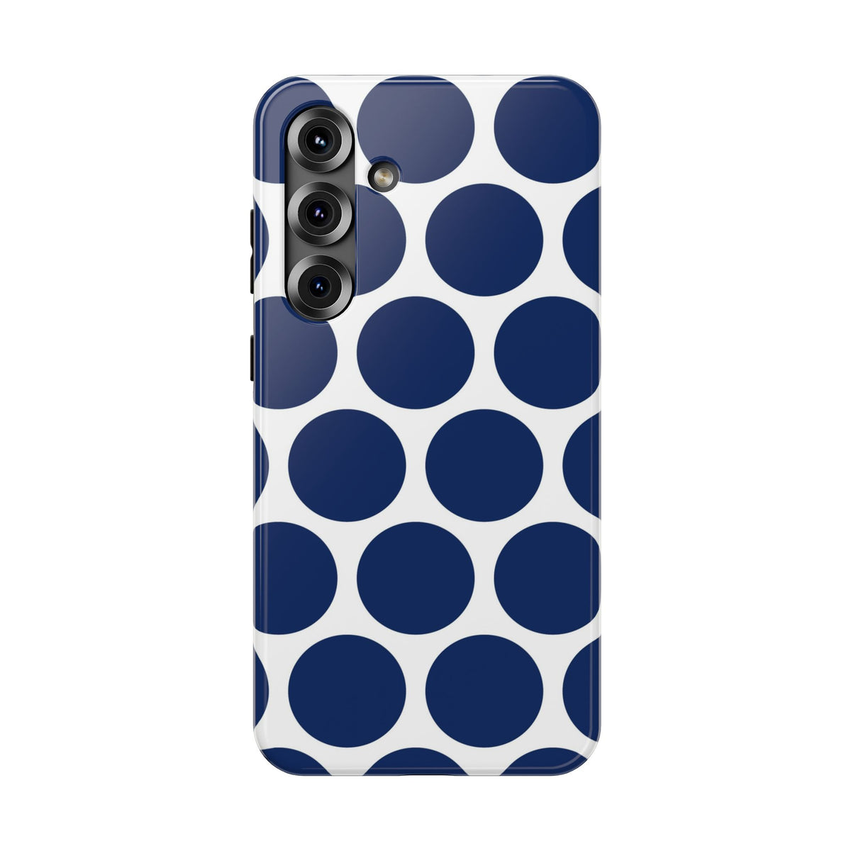 Navy Polka Dot protective phone case for Samsung Galaxy S25 Plus, glossy finish