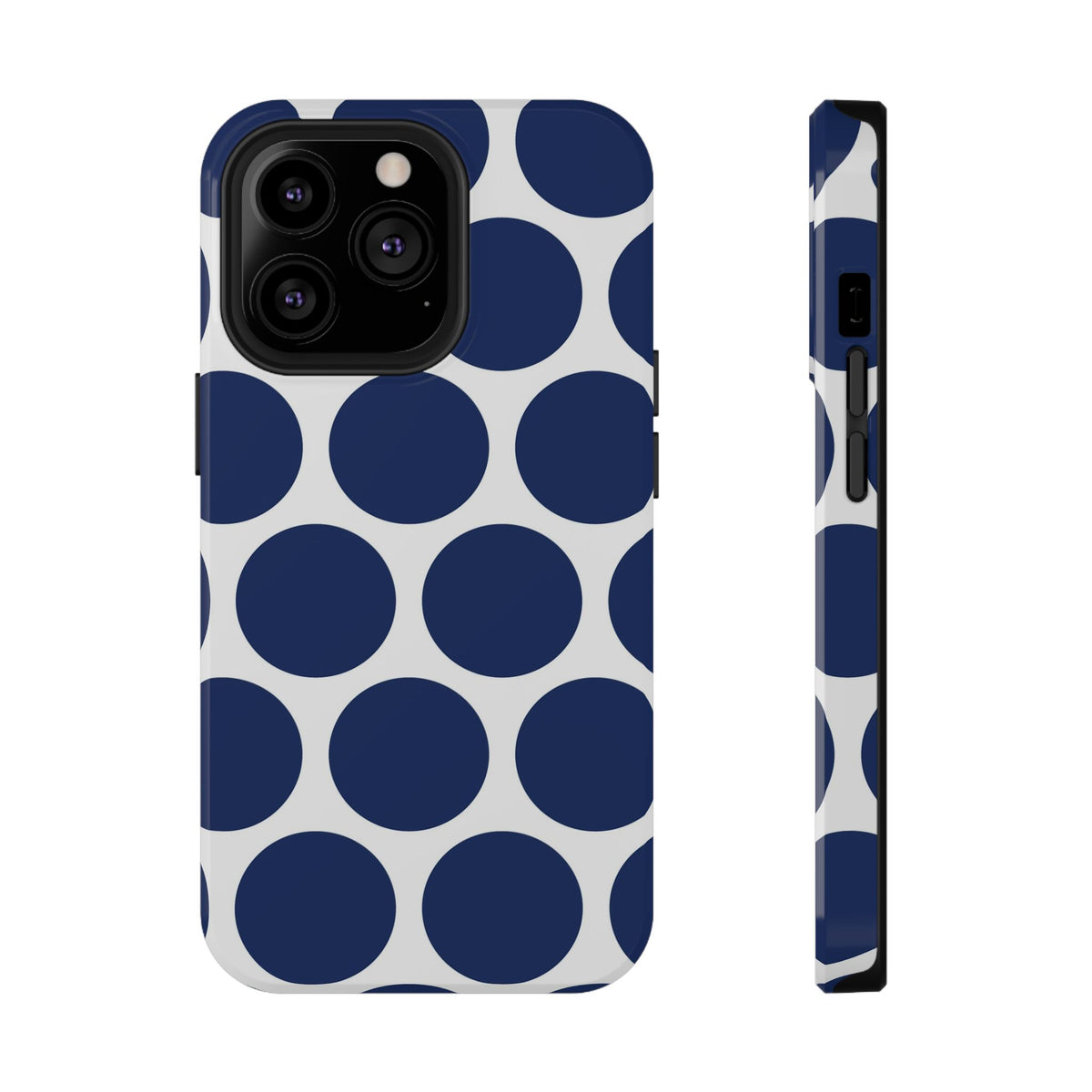 Navy Polka Dot protective phone case for iPhone 13 Pro, glossy finish