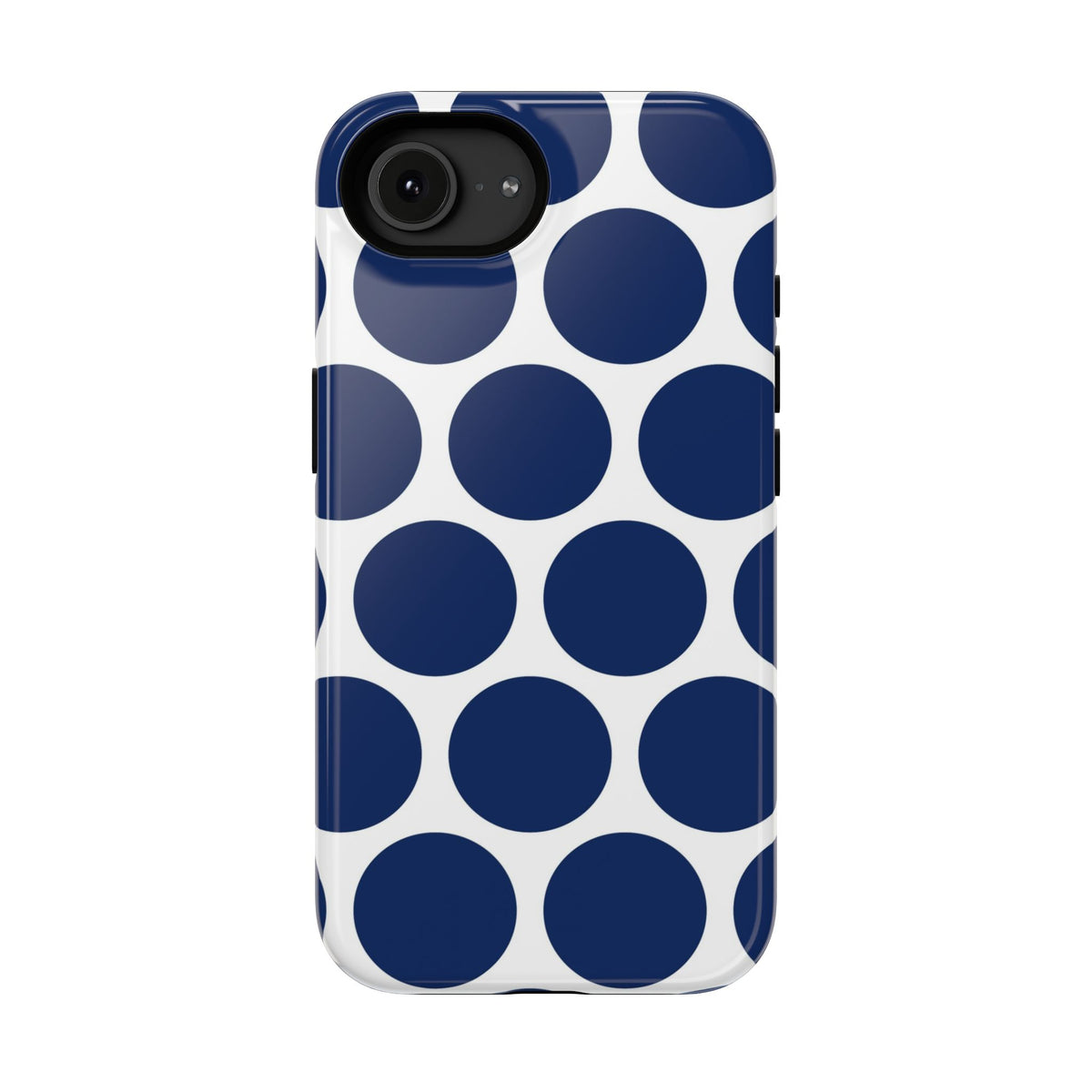 Navy Polka Dot protective phone case for iPhone 16e, glossy finish