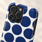 Navy Polka Dot protective phone case, big navy polka dots on white, lifestyle close-up of the camera