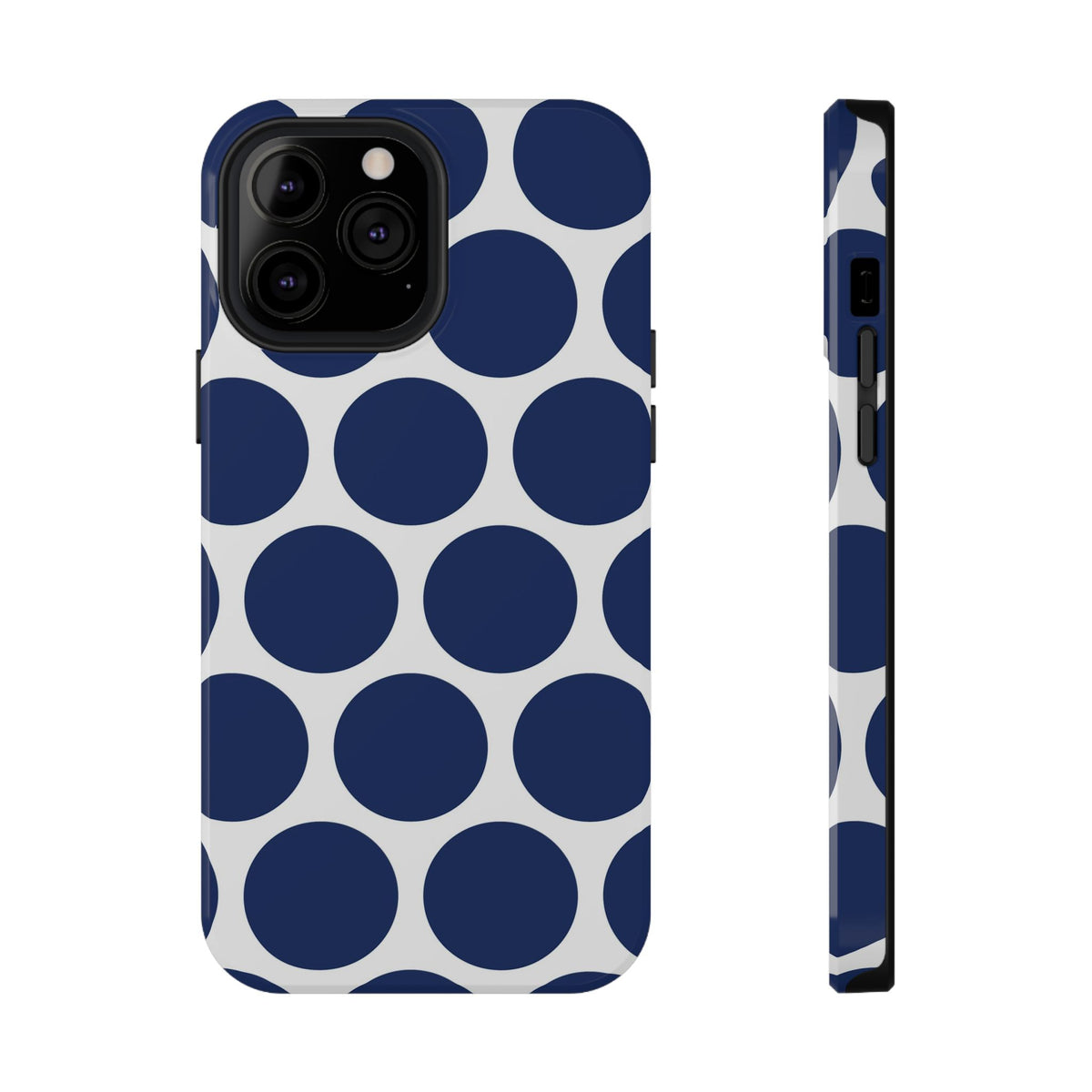 Navy Polka Dot protective phone case for iPhone 13 Pro Max, glossy finish