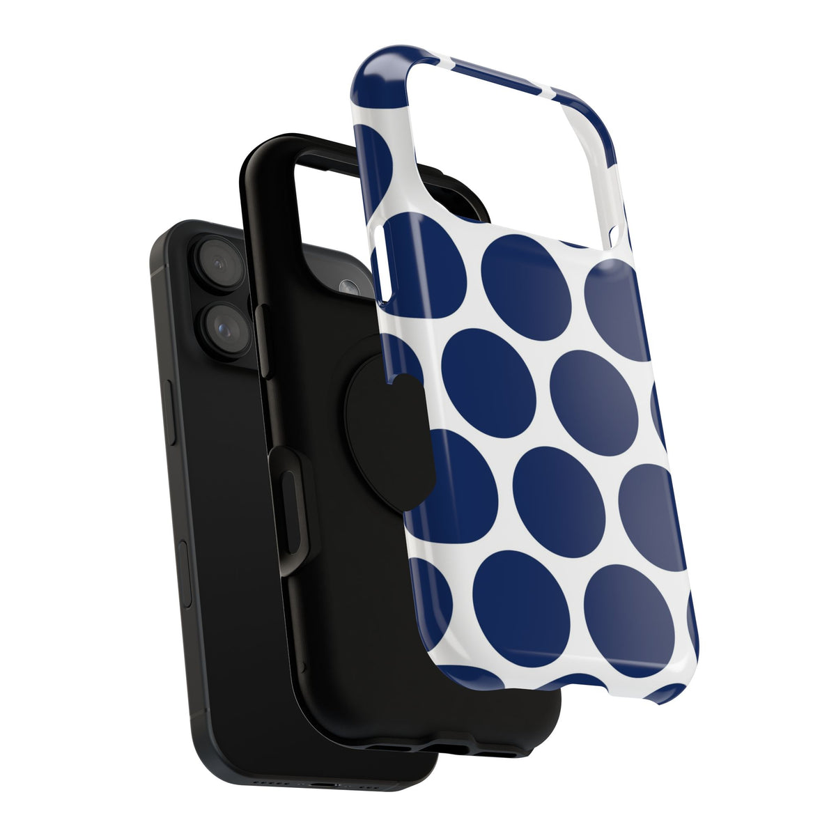 Navy Polka Dot protective phone case, close-up of the dual-layer construction