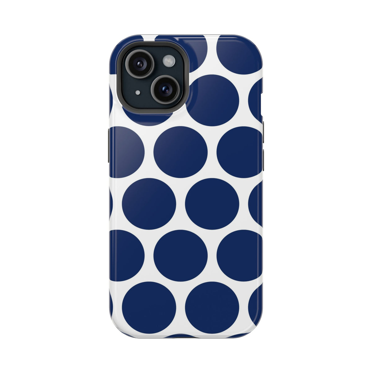 Navy Polka Dot MagSafe case for iPhone 15, glossy finish