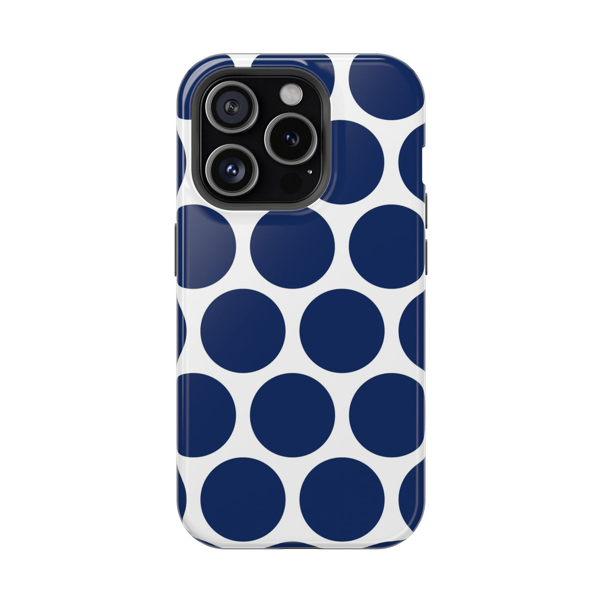 Navy Polka Dot MagSafe case for iPhone 15 Pro, glossy finish