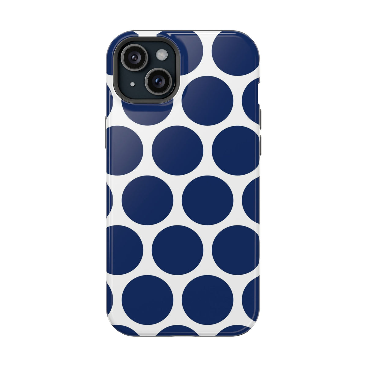 Navy Polka Dot MagSafe case for iPhone 15 Plus, glossy finish