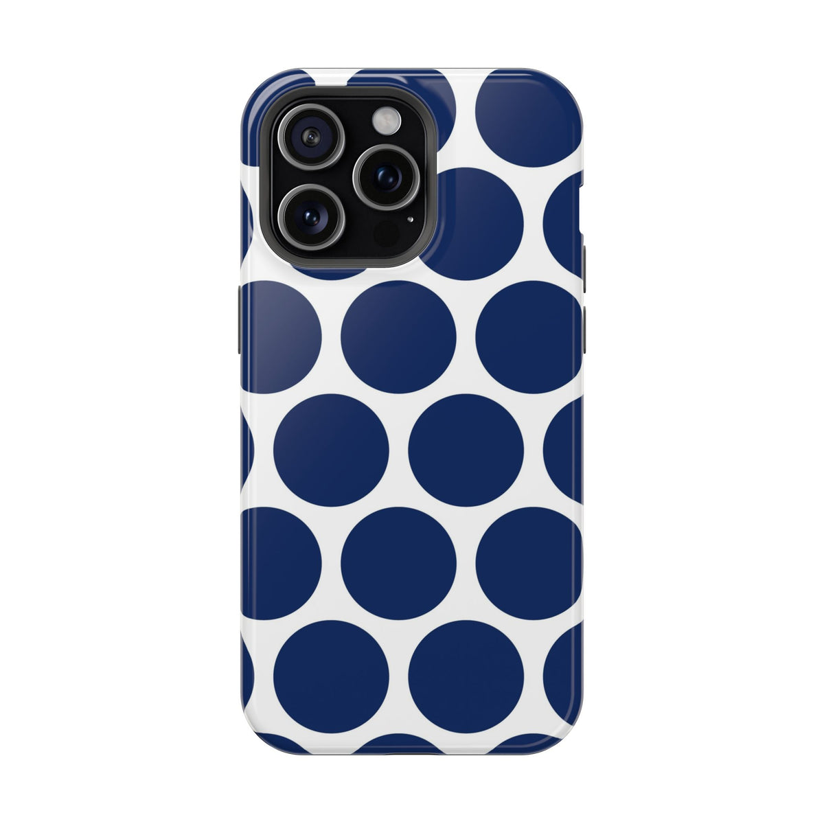 Navy Polka Dot MagSafe case for iPhone 15 Pro Max, glossy finish