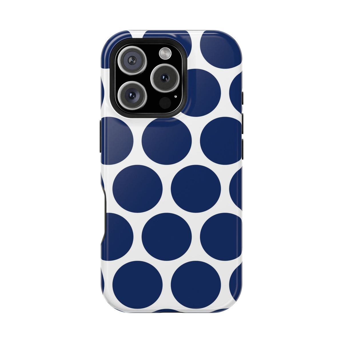 Navy Polka Dot MagSafe case for iPhone 16 Pro, glossy finish