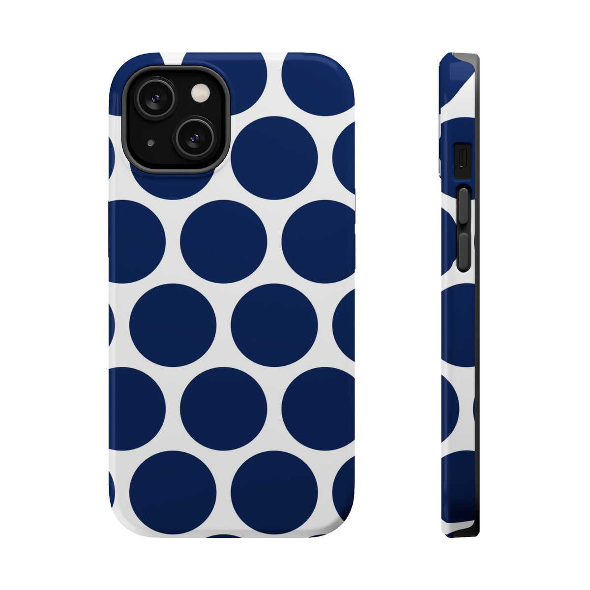 Navy Polka Dot MagSafe case for iPhone 14, glossy finish