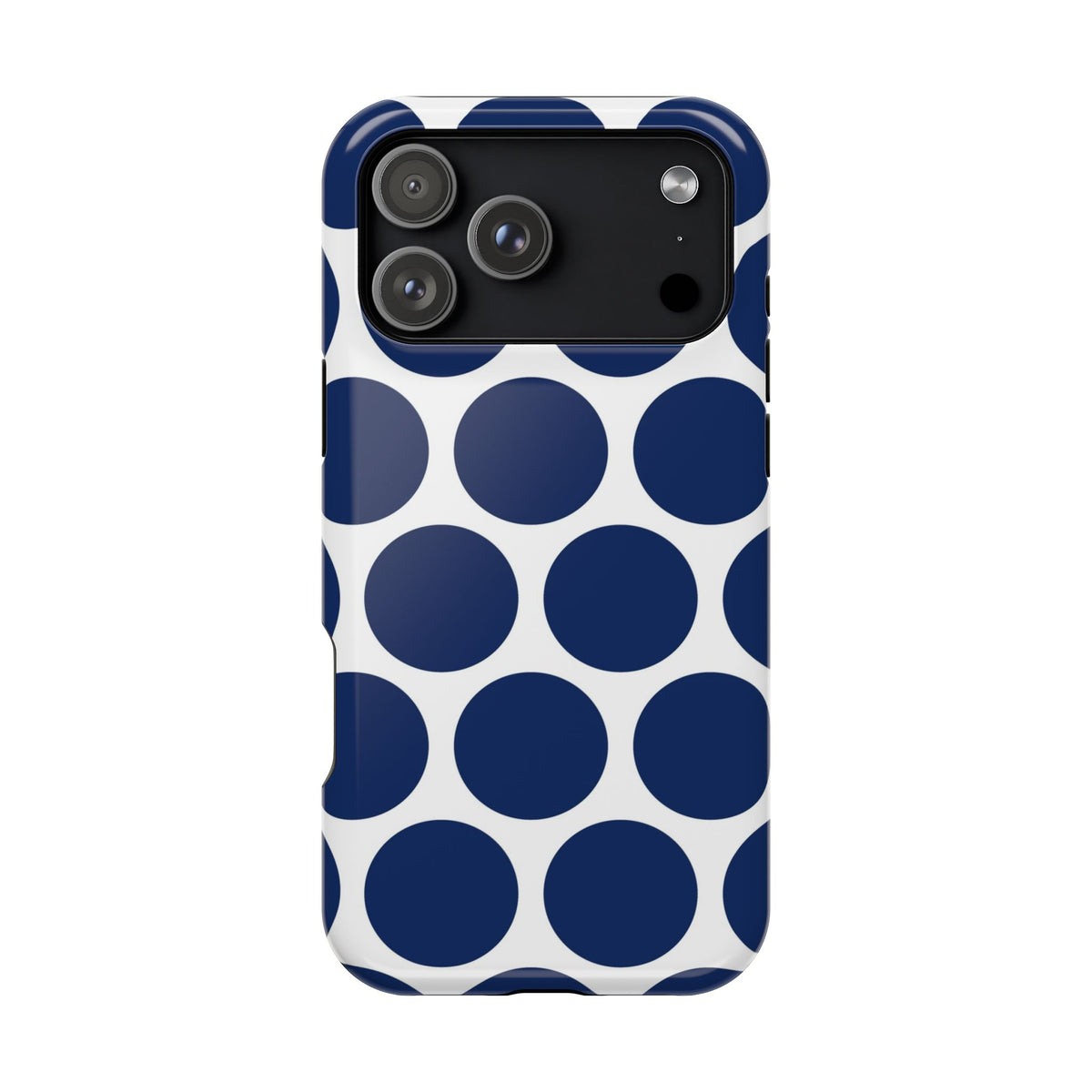 Navy Polka Dot MagSafe case for iPhone 17 Pro Max, glossy finish