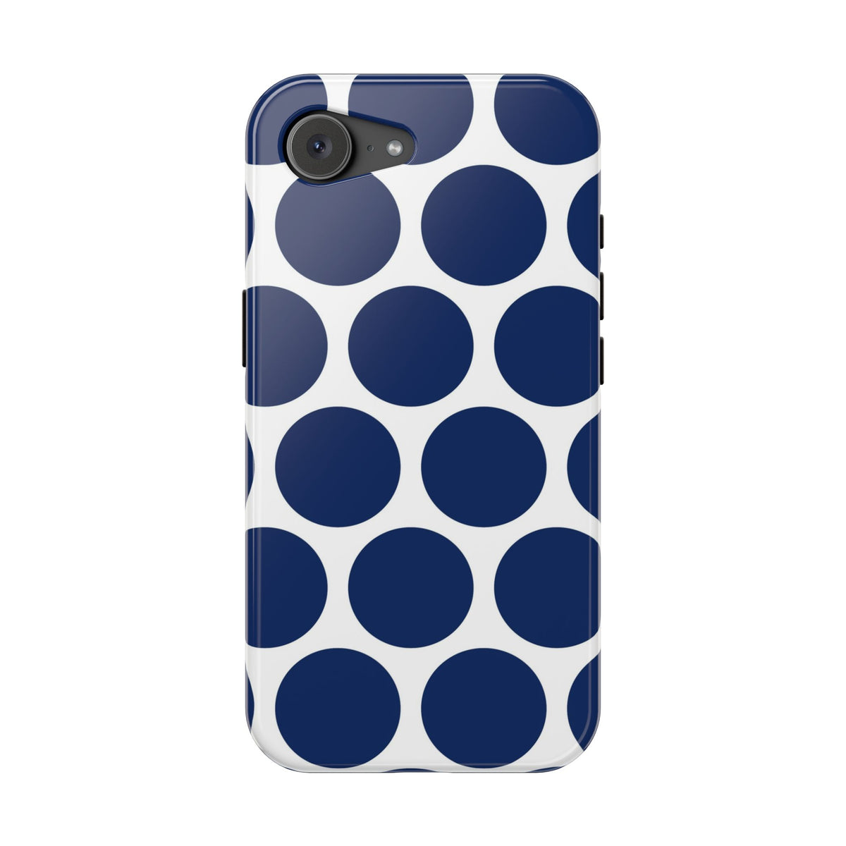 Navy Polka Dot MagSafe case for iPhone 17e, glossy finish