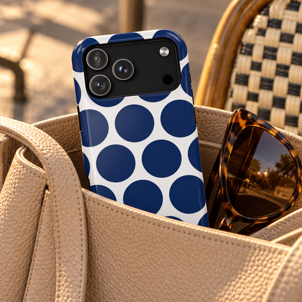 Navy Polka Dot MagSafe case, big navy polka dots on white, lifestyle photo in a handbag