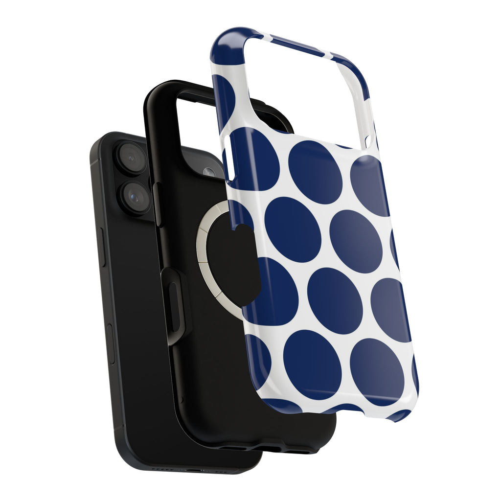 Navy Polka Dot MagSafe case, close-up of the dual-layer construction