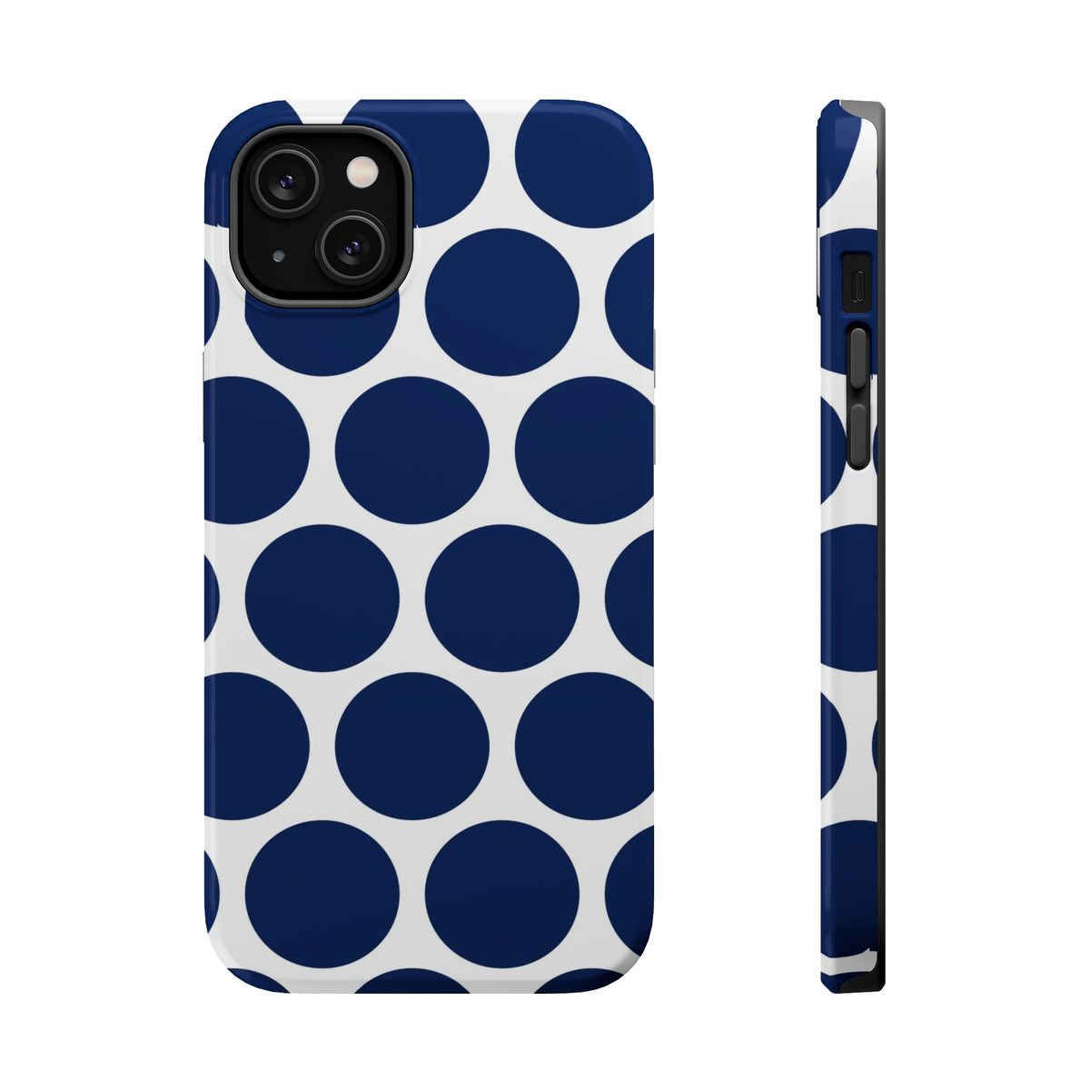 Navy Polka Dot MagSafe case for iPhone 14 Plus, glossy finish
