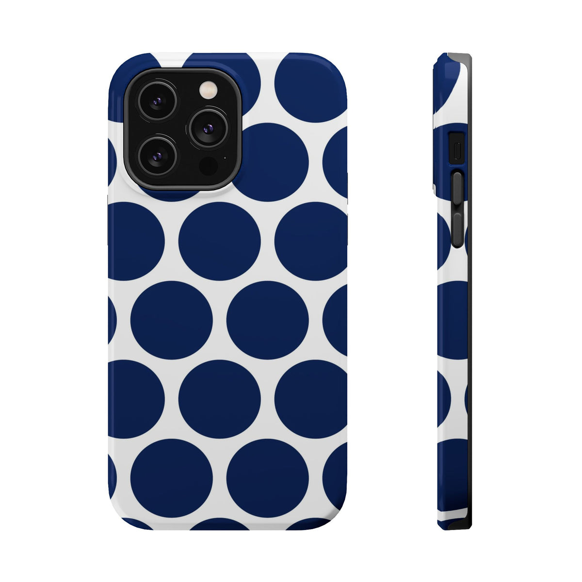 Navy Polka Dot MagSafe case for iPhone 14 Pro Max, glossy finish