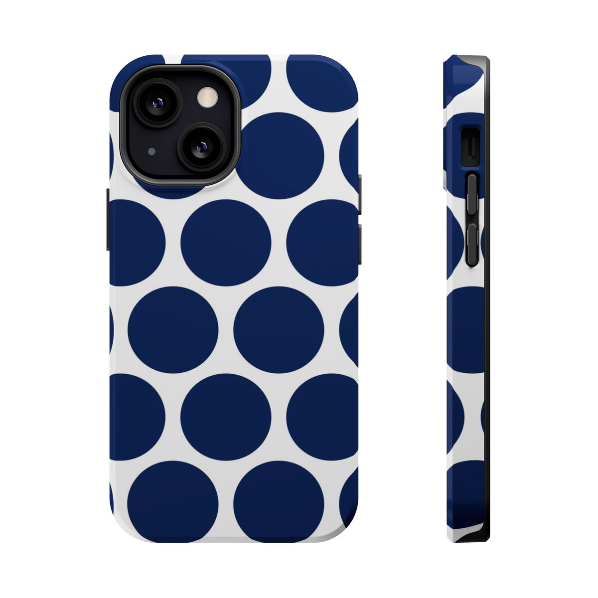 Navy Polka Dot MagSafe case for iPhone 13 Mini, glossy finish