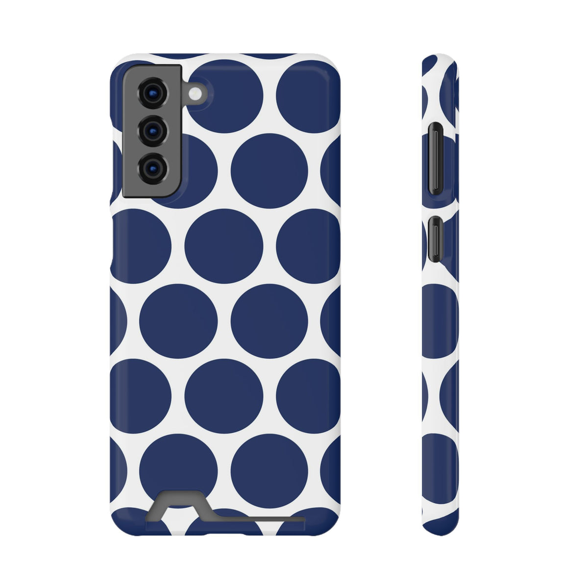 Navy Polka Dot phone case with card holder for Samsung Galaxy S21 Plus, glossy finish