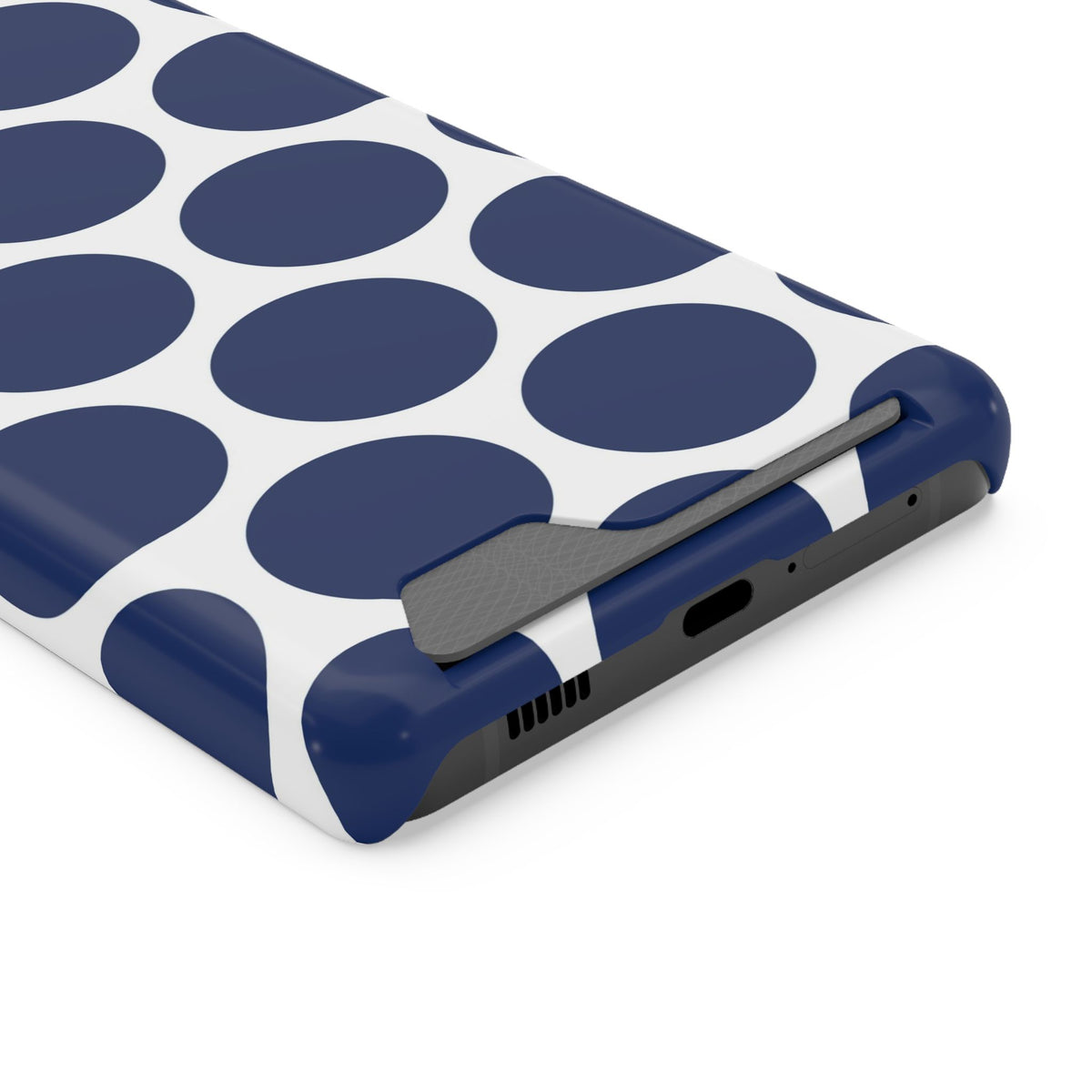 Navy Polka Dot phone case with card holder for Samsung Galaxy S21 Ultra, glossy finish