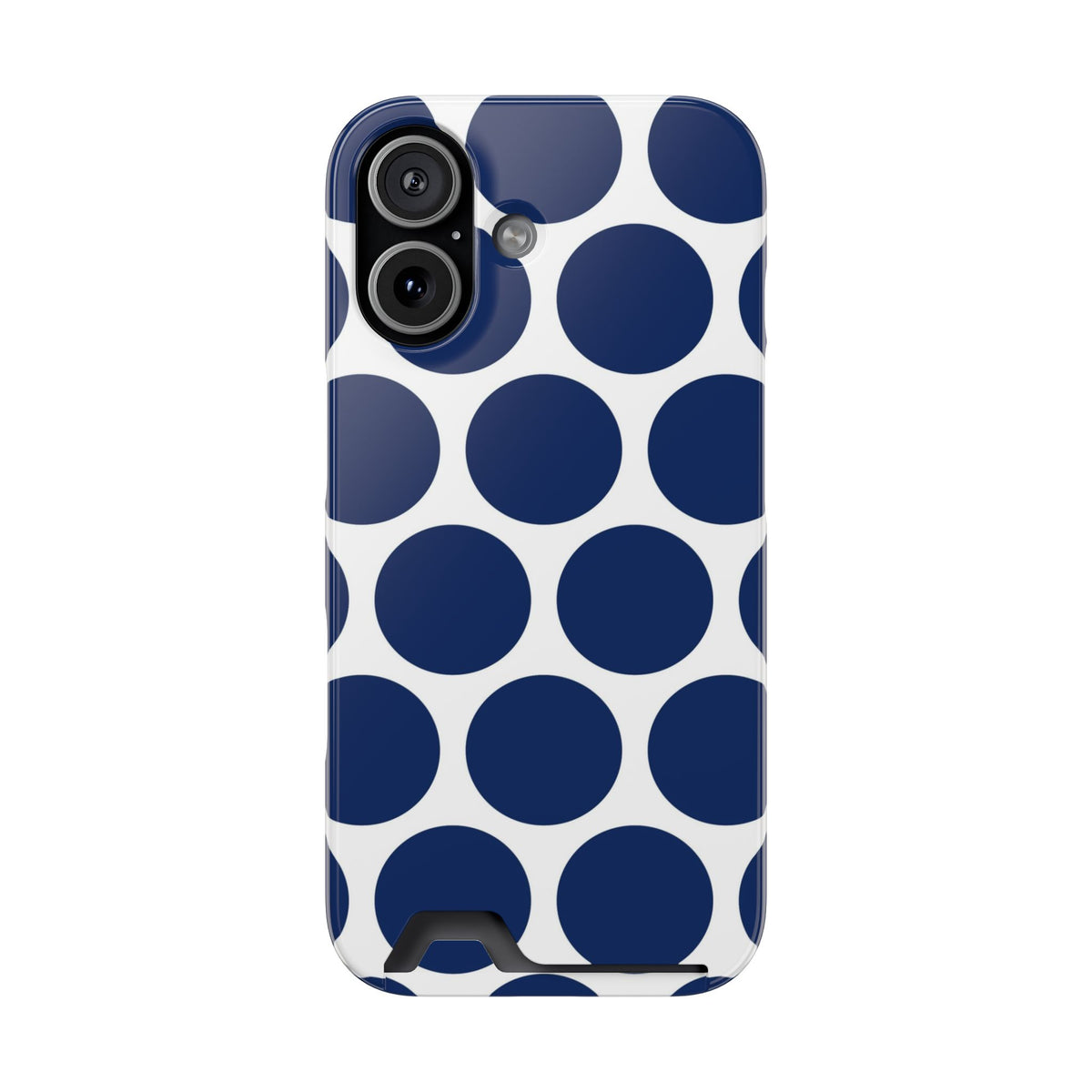 Navy Polka Dot phone case with card holder for iPhone 17, glossy finish
