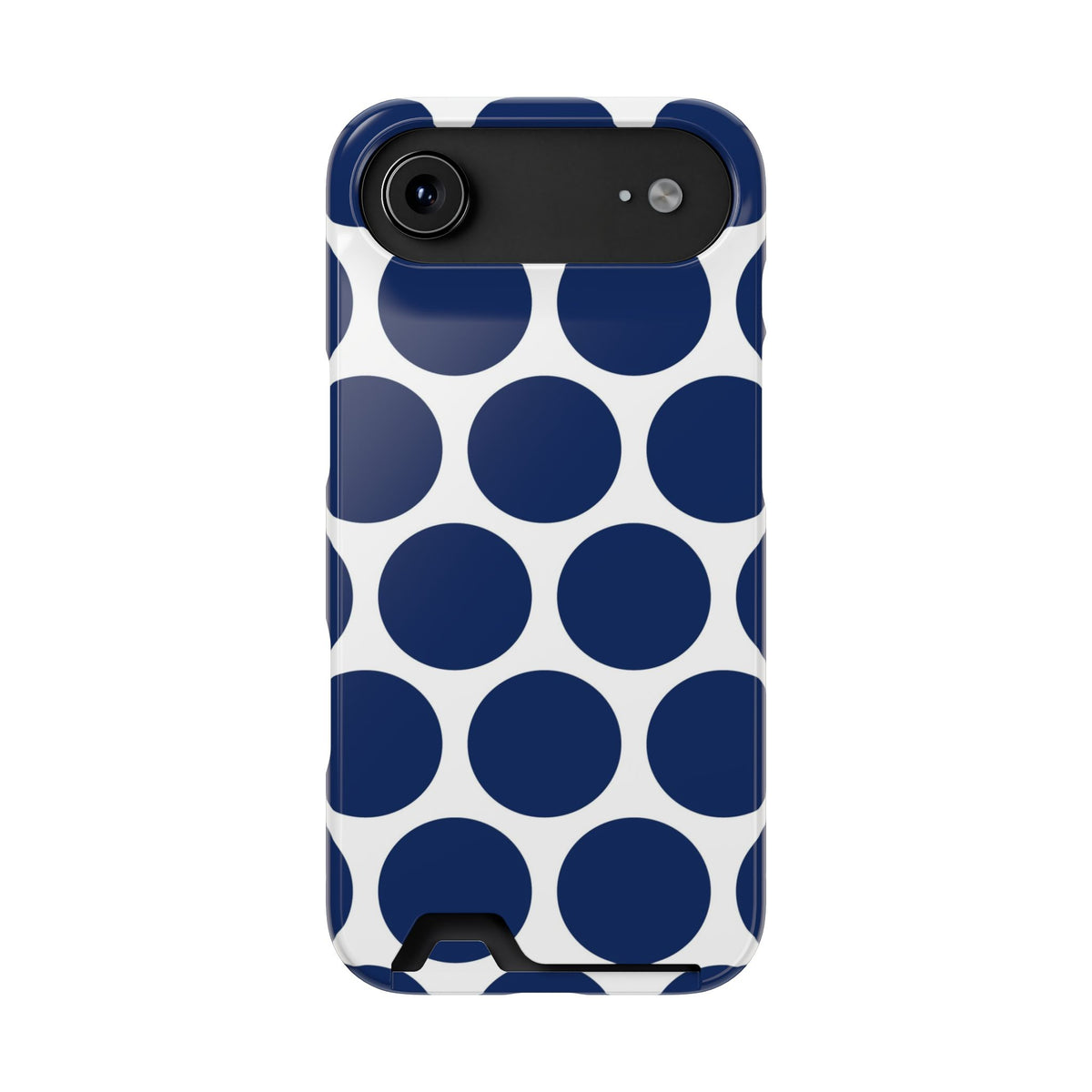 Navy Polka Dot phone case with card holder for iPhone 17 Air, glossy finish