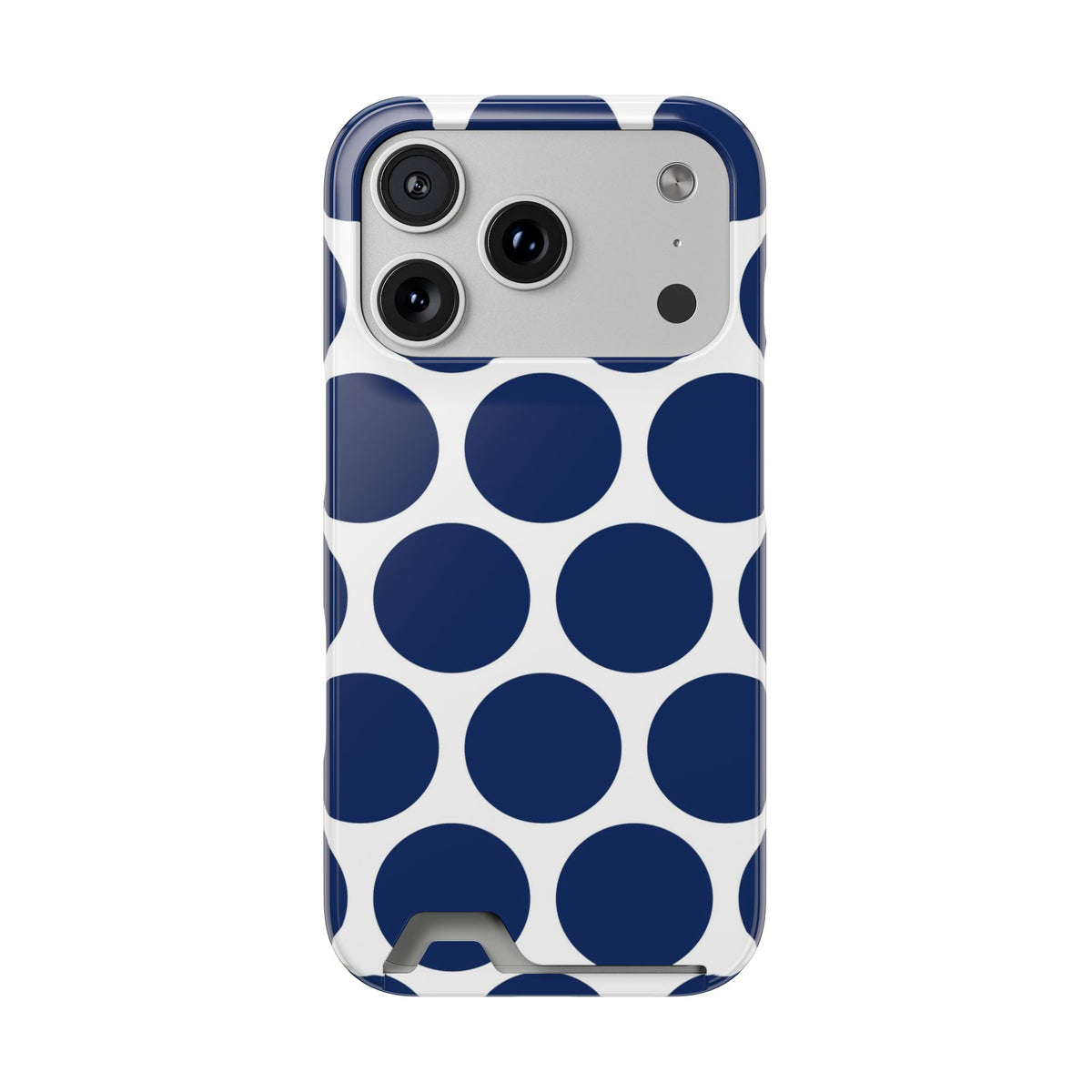Navy Polka Dot phone case with card holder for iPhone 17 Pro, glossy finish