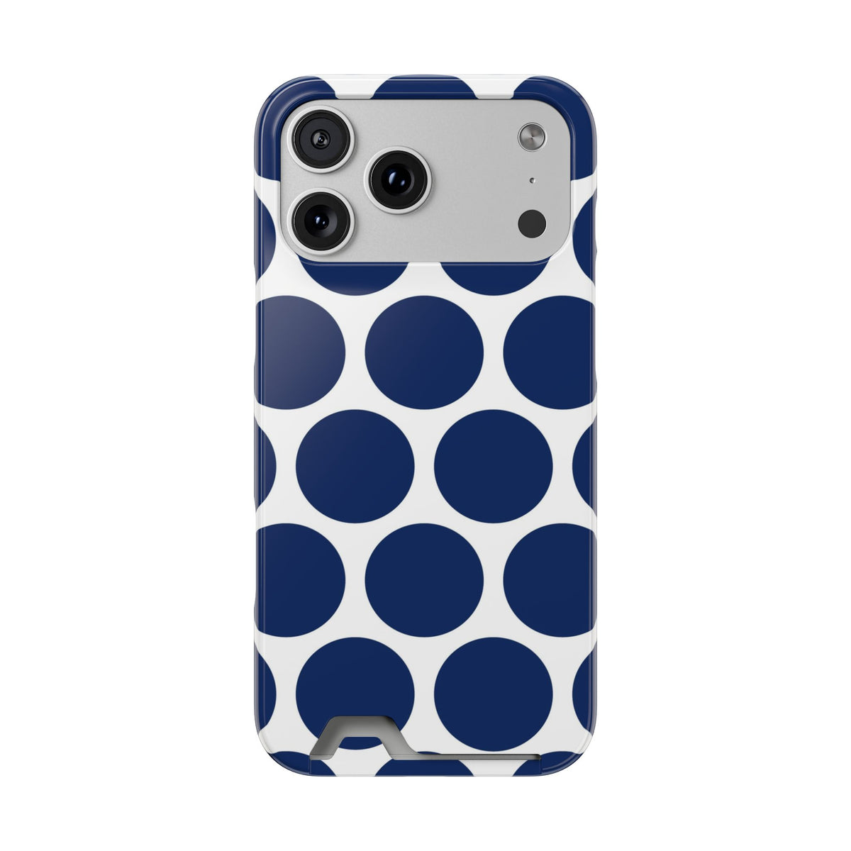 Navy Polka Dot phone case with card holder for iPhone 17 Pro Max, glossy finish