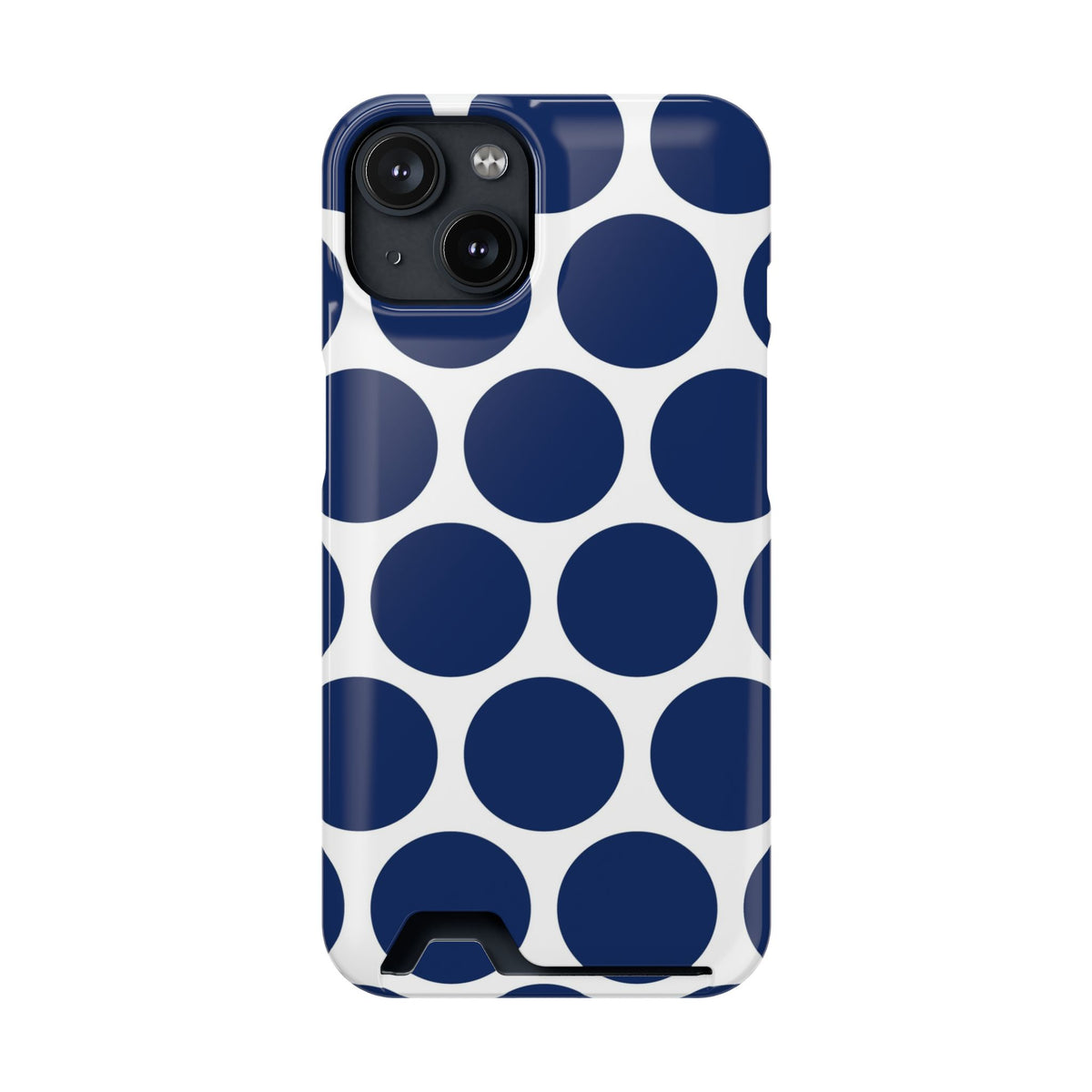 Navy Polka Dot phone case with card holder for iPhone 14, glossy finish