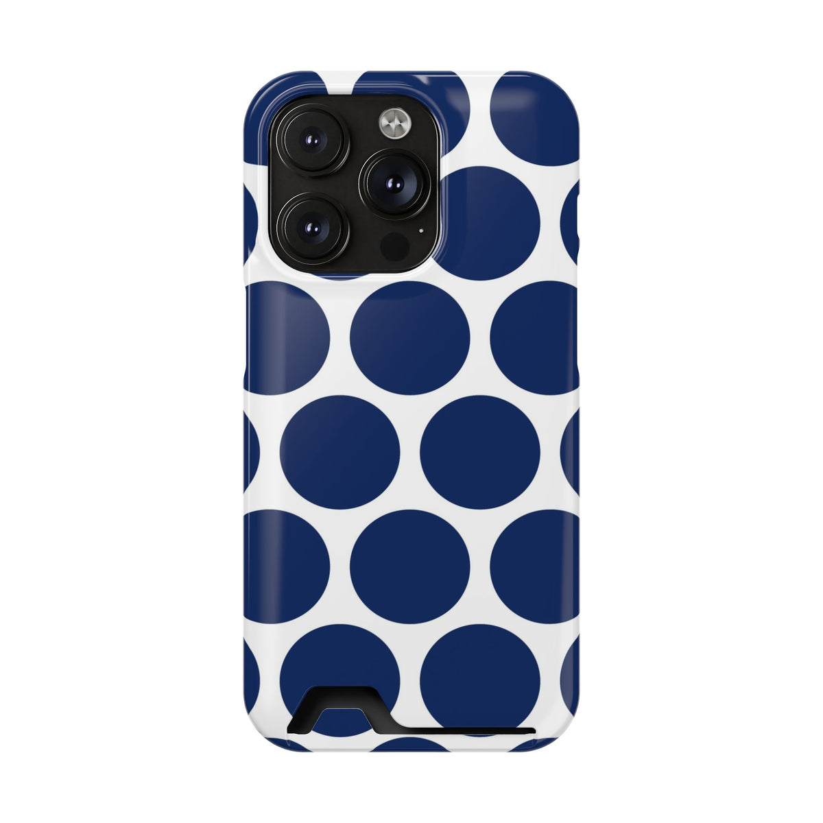 Navy Polka Dot phone case with card holder for iPhone 14 Pro, glossy finish