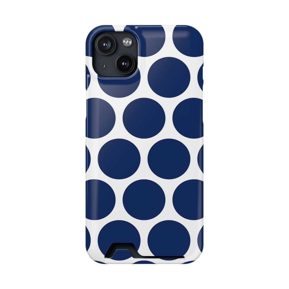 Navy Polka Dot phone case with card holder for iPhone 14 Plus, glossy finish