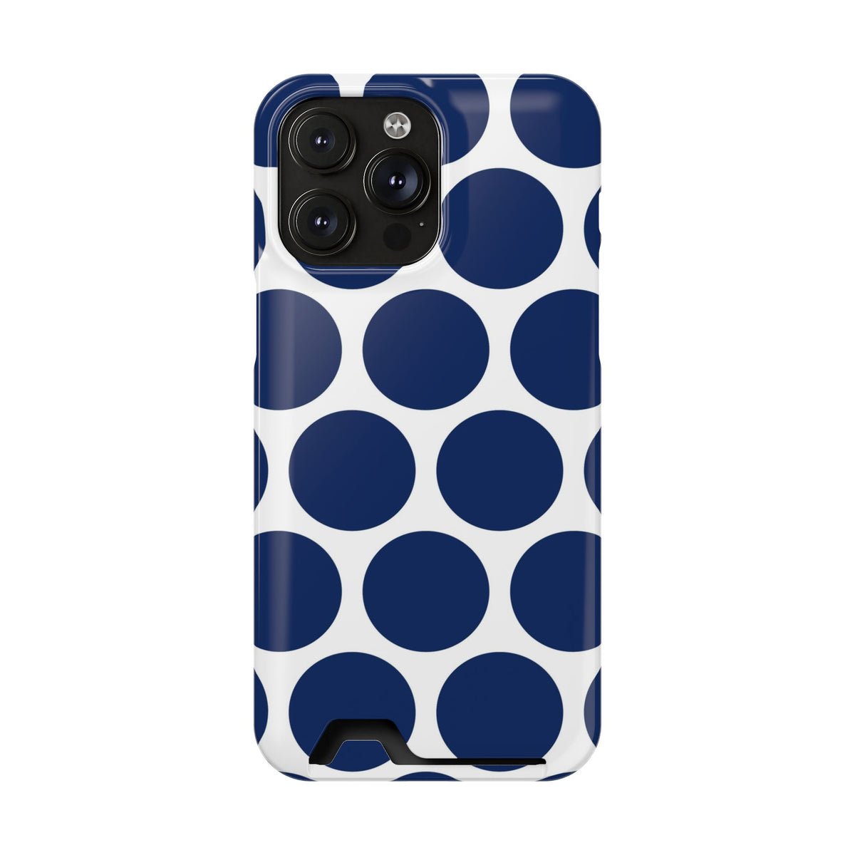 Navy Polka Dot phone case with card holder for iPhone 14 Pro Max, glossy finish