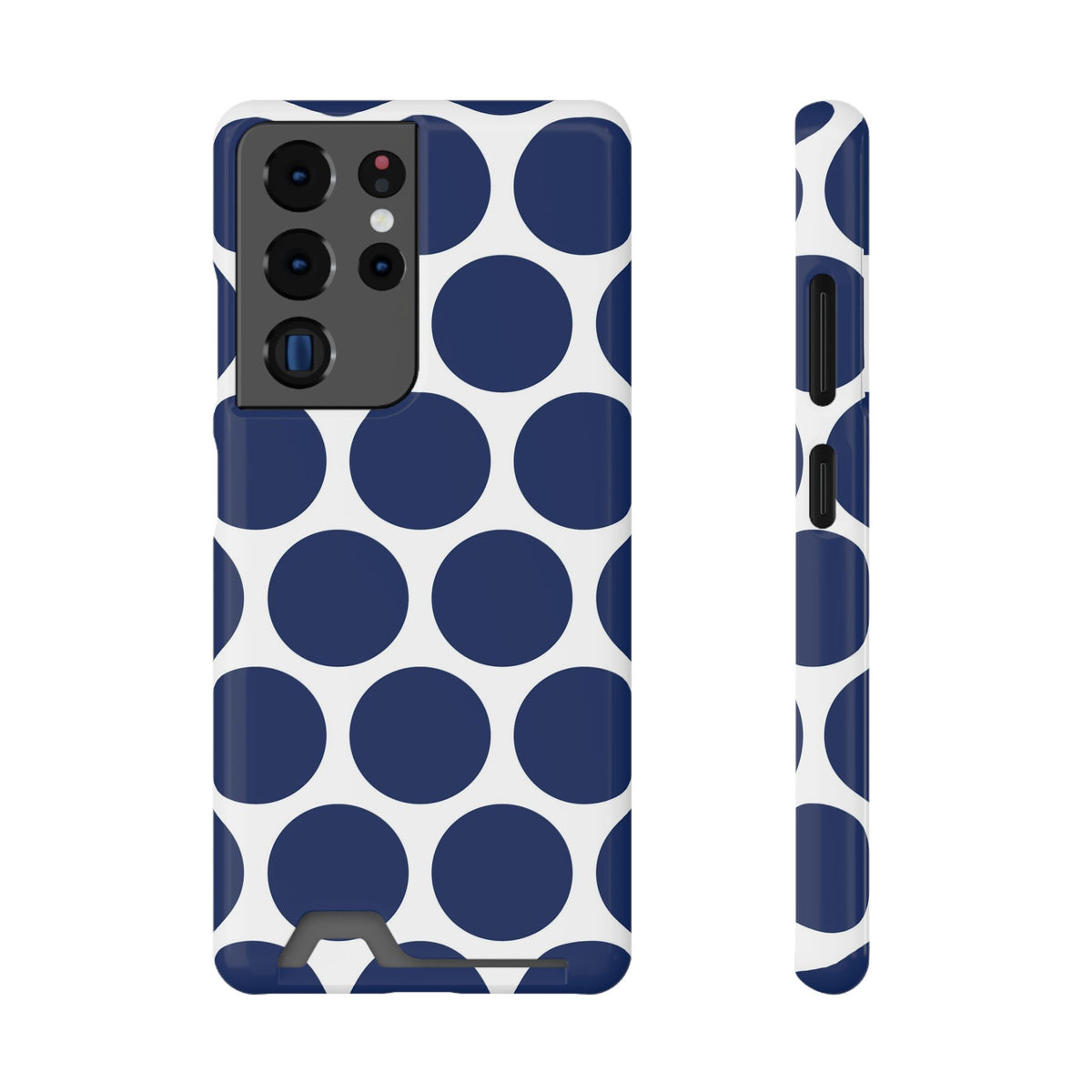 Navy Polka Dot phone case with card holder for Samsung Galaxy S22 Plus, glossy finish