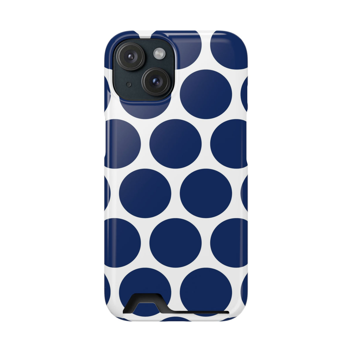 Navy Polka Dot phone case with card holder for iPhone 15, glossy finish