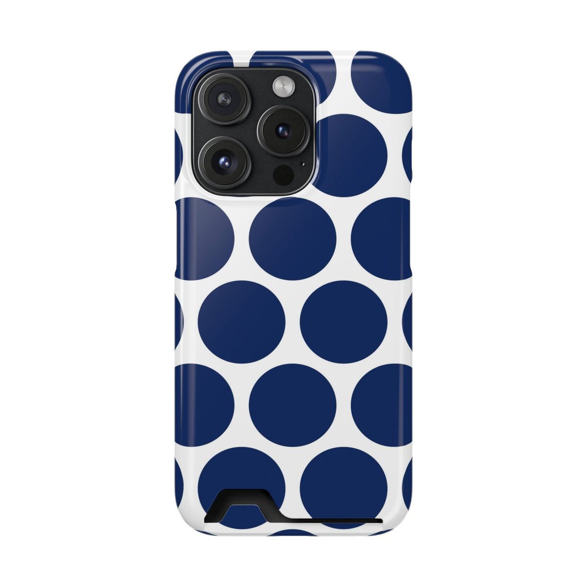 Navy Polka Dot phone case with card holder for iPhone 15 Pro, glossy finish