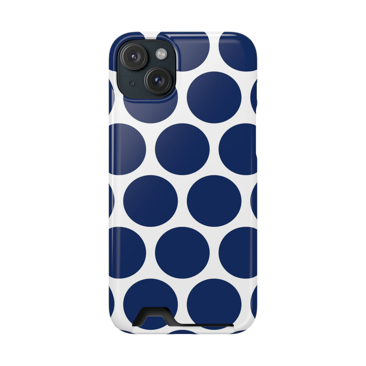 Navy Polka Dot phone case with card holder for iPhone 15 Plus, glossy finish