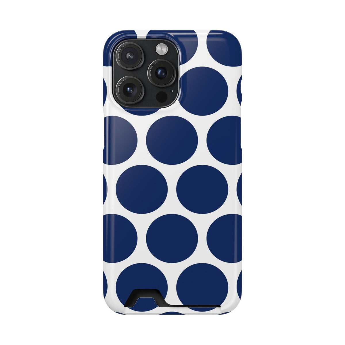 Navy Polka Dot phone case with card holder for iPhone 15 Pro Max, glossy finish