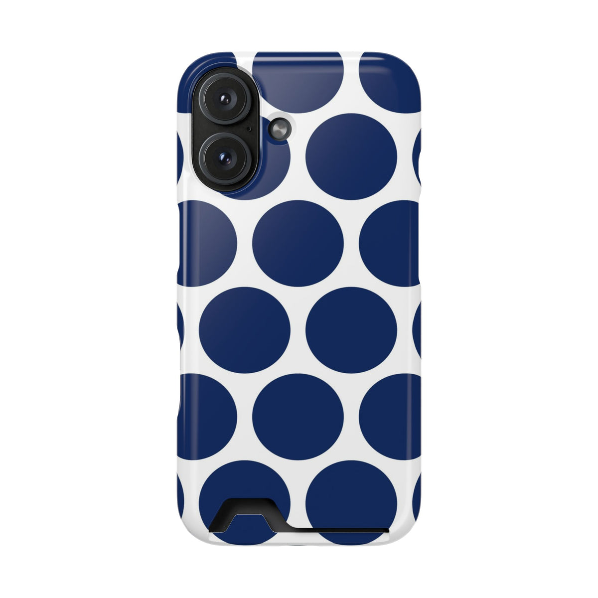 Navy Polka Dot phone case with card holder for iPhone 16, glossy finish