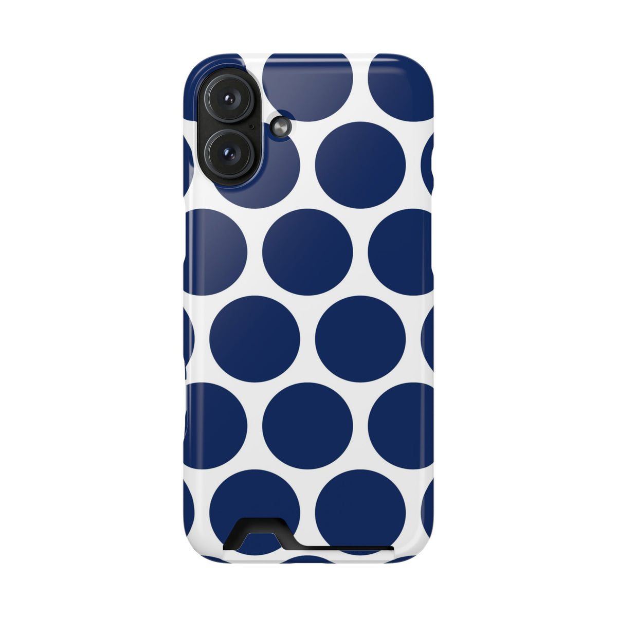 Navy Polka Dot phone case with card holder for iPhone 16 Plus, glossy finish