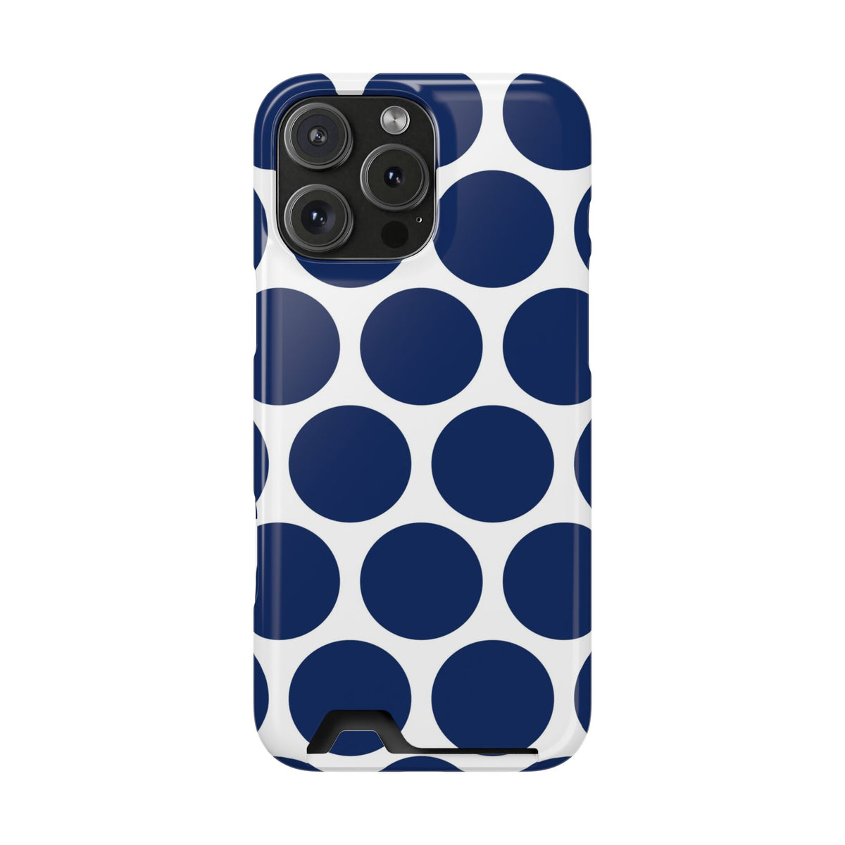 Navy Polka Dot phone case with card holder for iPhone 16 Pro Max, glossy finish