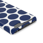 Navy Polka Dot phone case with card holder, close-up of the card slot