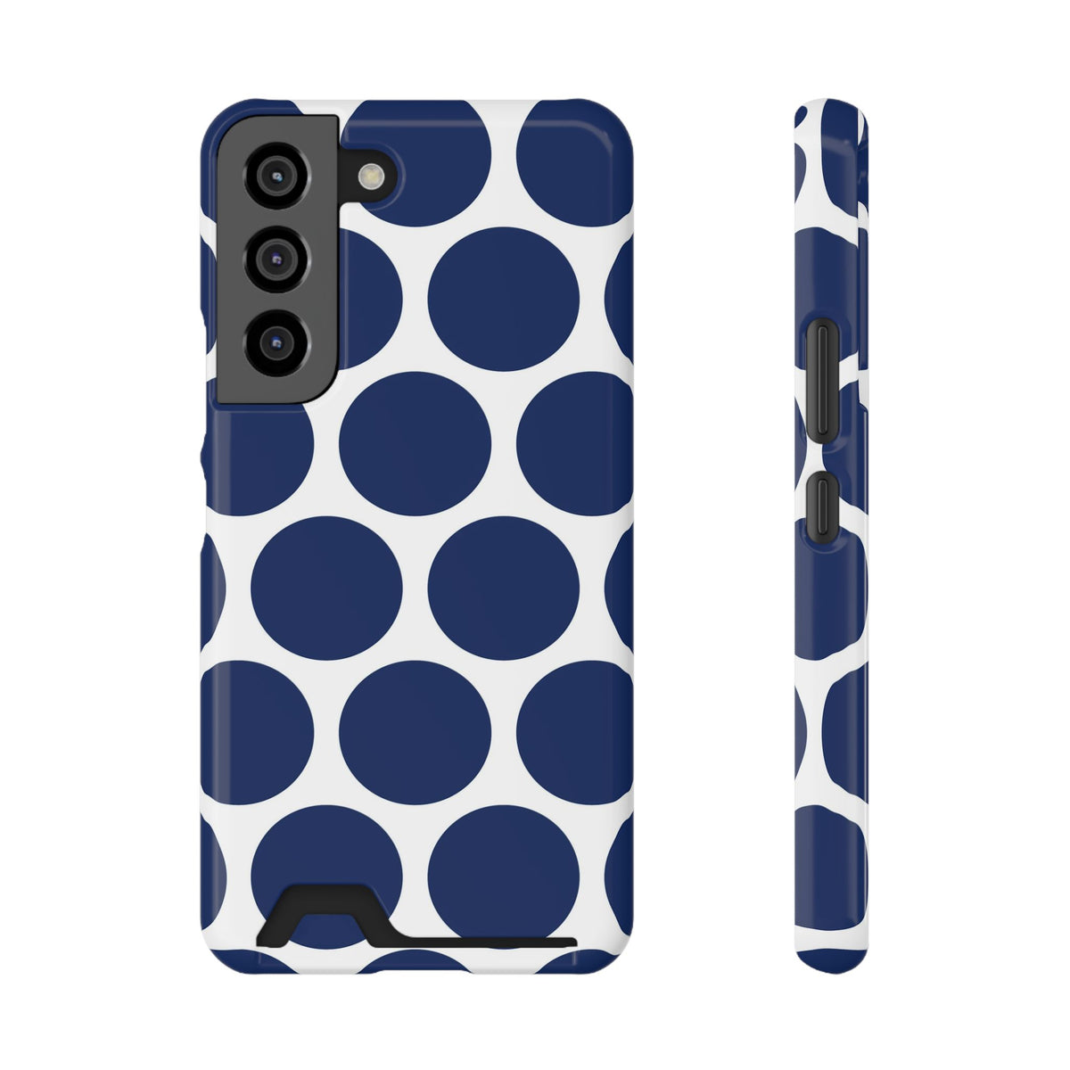 Navy Polka Dot phone case with card holder for Samsung Galaxy S22, glossy finish
