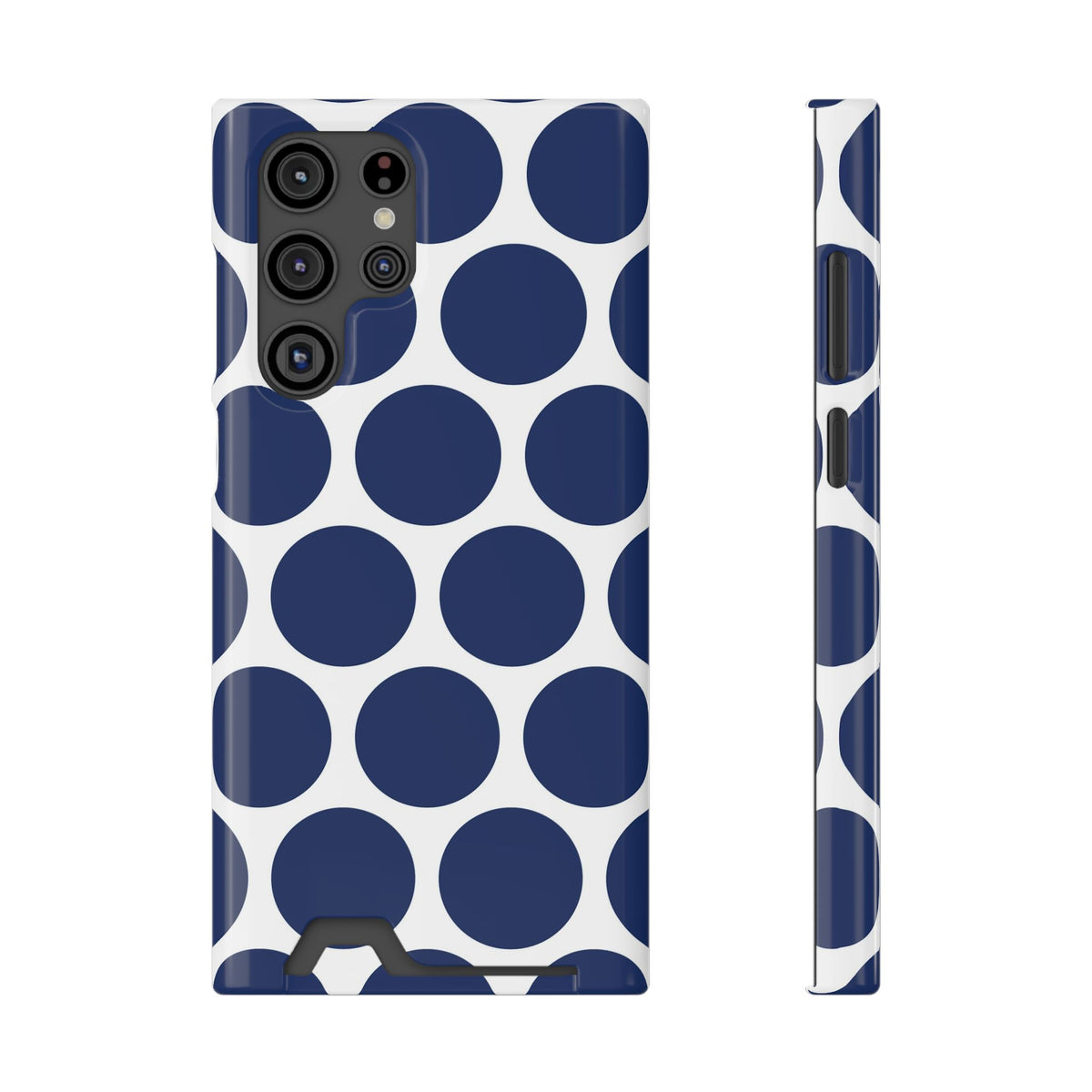 Navy Polka Dot phone case with card holder for Samsung Galaxy S22 Ultra, glossy finish