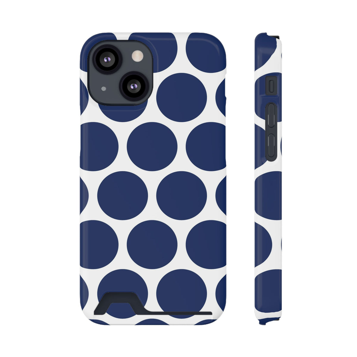 Navy Polka Dot phone case with card holder for iPhone 13 Mini, glossy finish