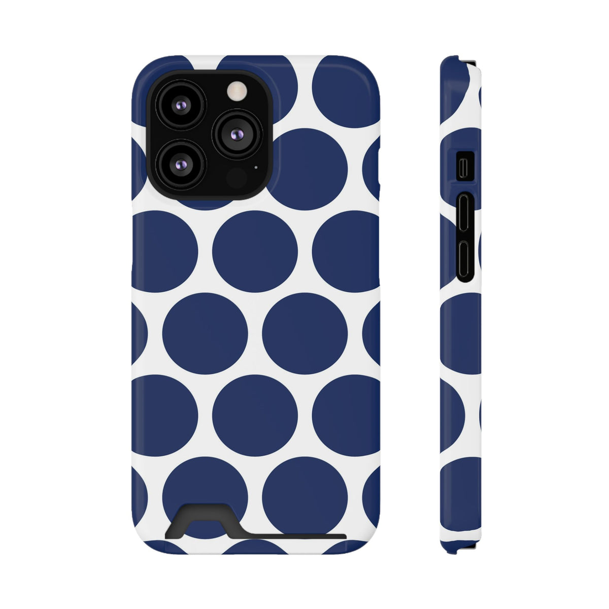 Navy Polka Dot phone case with card holder for iPhone 13 Pro, glossy finish