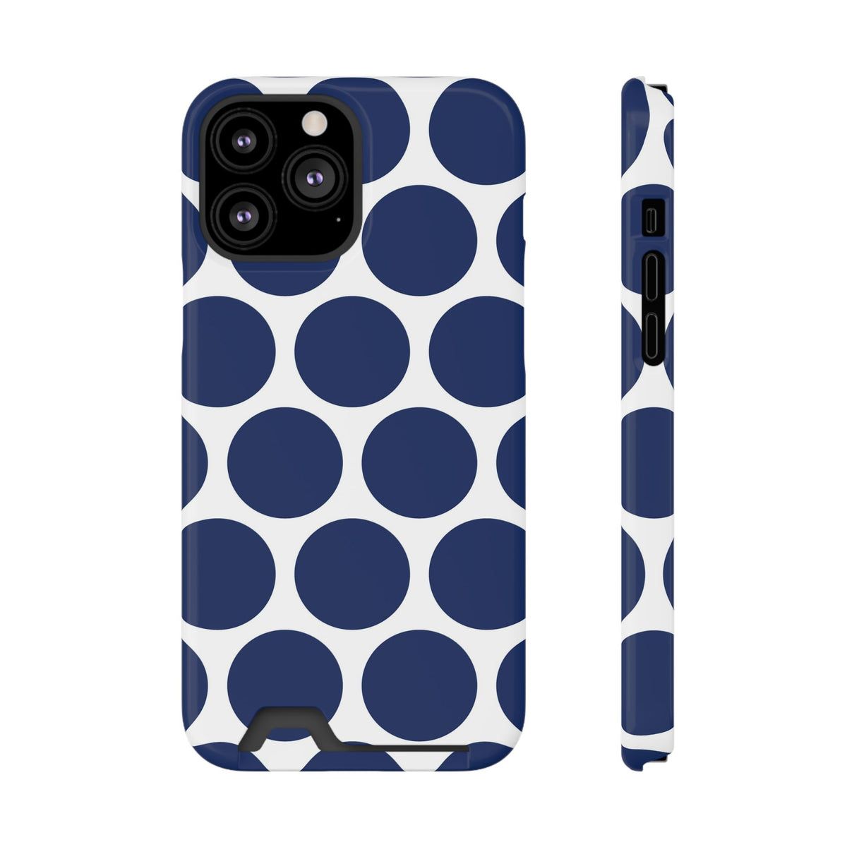 Navy Polka Dot phone case with card holder for iPhone 13 Pro Max, glossy finish